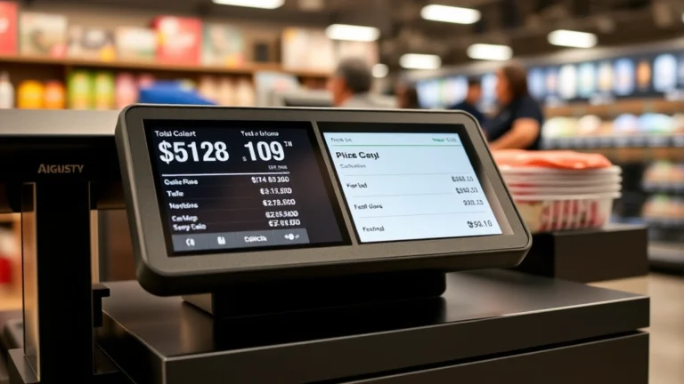 santa ana sales tax - A modern retail checkout counter with a digital display showing a price total an