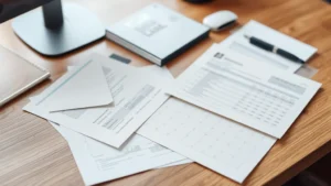 security/tax form envelope - Professional financial documents and envelopes arranged neatly on a clean wooden