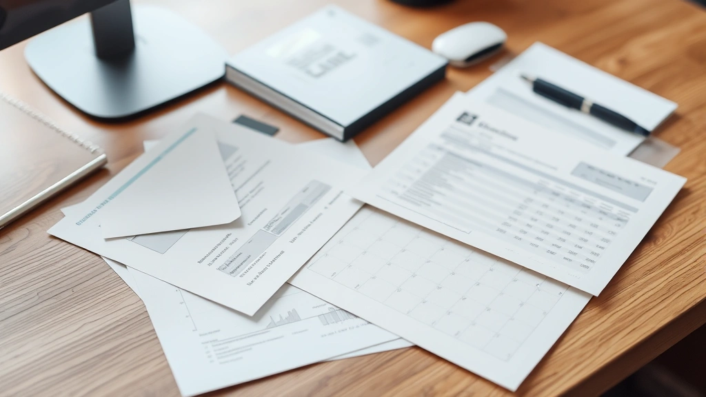 security/tax form envelope - Professional financial documents and envelopes arranged neatly on a clean wooden