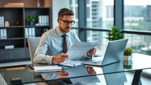sister taxa - Professional financial advisor reviewing documents at a modern desk with laptop