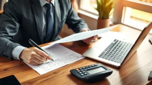 snohomish county property tax - Professional accountant reviewing property tax documents at wooden desk with cal