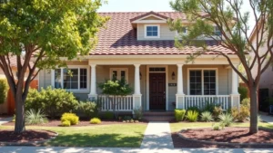 solano county property tax - Photorealistic image of a California suburban home with mature landscaping, fron