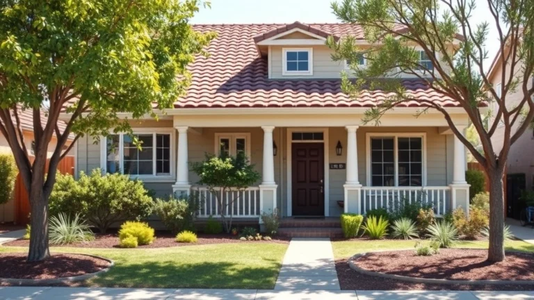 solano county property tax - Photorealistic image of a California suburban home with mature landscaping, fron