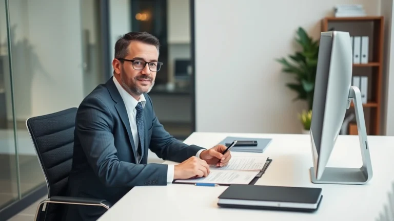 stratford tax collector - A professional accountant or tax advisor sitting at a modern desk with a compute