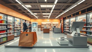 suffolk county sales tax - Photorealistic wide-angle shot of a modern retail store interior with checkout c