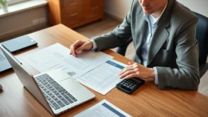 tax administration act - A professional sitting at a wooden desk reviewing tax documents and financial st