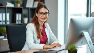 tax advocate phone number - A professional woman in business casual attire sitting at a desk with a computer