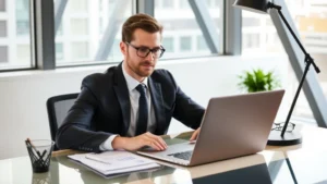 tax air tracking - A professional sitting at a modern desk with a laptop and financial documents