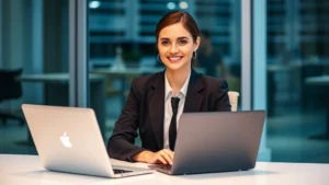 tax canopy - A professional woman in business attire sitting at a modern desk with a laptop