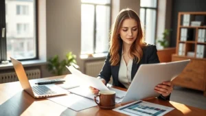 tax collector west palm beach - Professional woman in business attire reviewing property documents at a wooden d