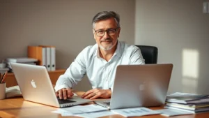 tax evasion jail time - A professional middle-aged person sitting at a desk with a laptop and scattered