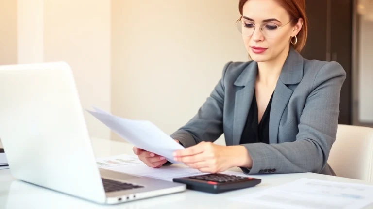 tax evasion penalties - A professional woman in business attire sitting at a desk with a laptop, papers,