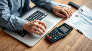 tax form for contractors - A close-up of a contractor working on a laptop with financial documents and calc