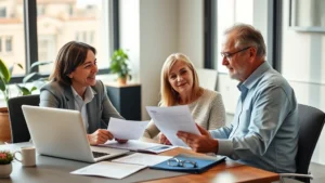 tax free retirement account - Professional financial advisor meeting with middle-aged couple at modern desk, r