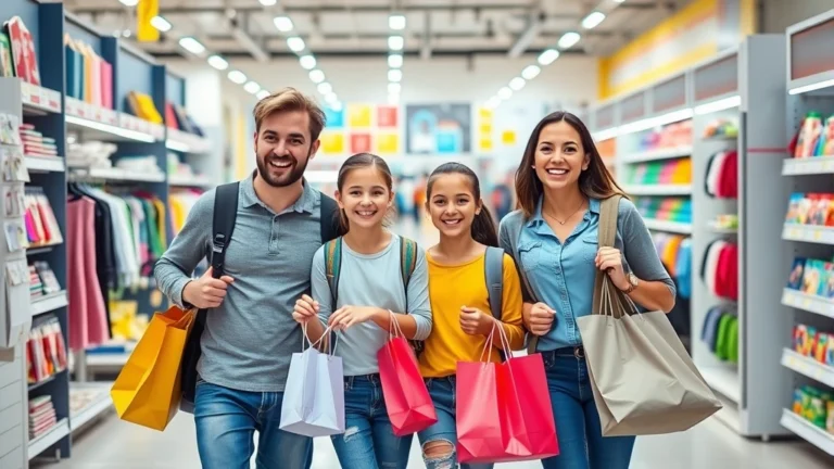 tax free weekend 2025 alabama - A cheerful family of four shopping in a bright, modern retail store with colorfu
