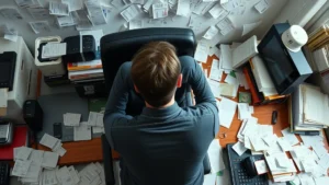 tax memes - A person sitting at a desk surrounded by scattered receipts