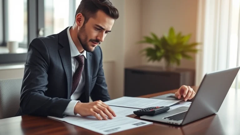 tax multiplier - A professional financial advisor reviewing tax documents at a modern desk with a