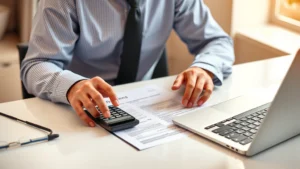tax/o medical term - A professional financial advisor reviewing tax documents and calculator at a cle