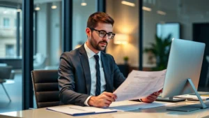 tax preparation outsourcing - Professional CPA or tax advisor in modern office reviewing financial documents a