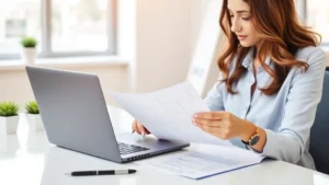 tax rise lawsuit - A professional woman reviewing tax documents at a modern desk with a laptop