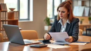 tax sheltered annuity - A professional woman in business casual attire sitting at a desk with a laptop,