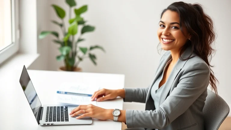 tax sheltered annuity - A professional woman in business casual attire sitting at a modern desk with a l