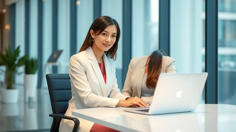 tax sheltered annuity - A professional woman in business attire sitting at a modern desk with a laptop