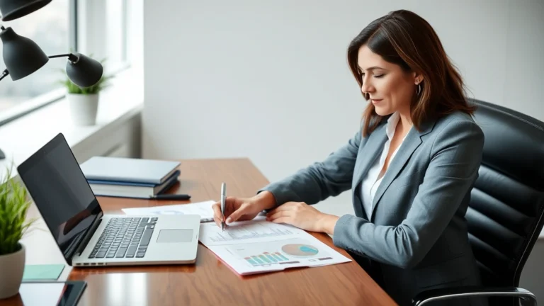 tax sheltered annuity - A professional woman in business attire sitting at a desk with a laptop and fina