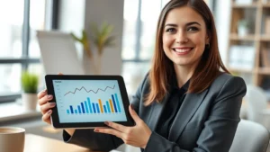 tax sheltered annuity - Close-up of a professional woman in business attire holding a tablet showing fin