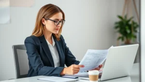 tax sheltered annuity - A professional woman in business casual attire reviewing financial documents at