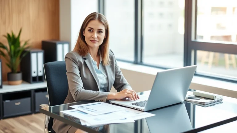tax sheltered annuity - A professional woman in business casual attire sitting at a modern desk with a l