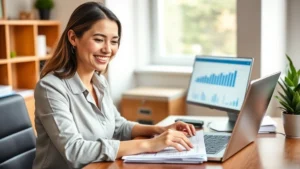 tax sheltered annuity - A professional woman in business casual attire sitting at a desk with a laptop a