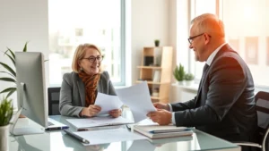 tax sheltered annuity - Professional financial advisor meeting with a teacher in a bright, modern office