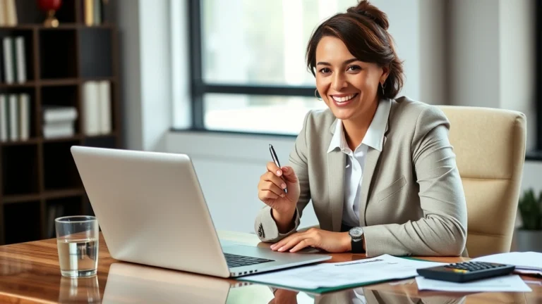 tax sheltered annuity - Professional financial advisor sitting at a desk with a laptop, smiling warmly,