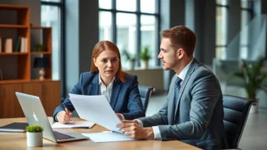 tax strategist - Professional financial advisor in modern office reviewing documents with client