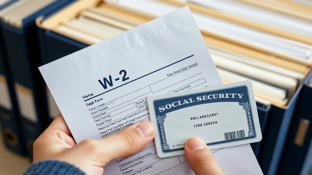 tax topic 152 meaning - 
Close-up of hands holding a W-2 form and Social Security card with organized fi