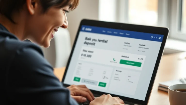 utah tax refund status - A close-up of a person smiling while looking at a laptop screen showing a bank a