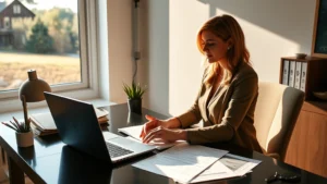 vermont state income tax refund - A professional woman sitting at a modern desk with a laptop and financial docume