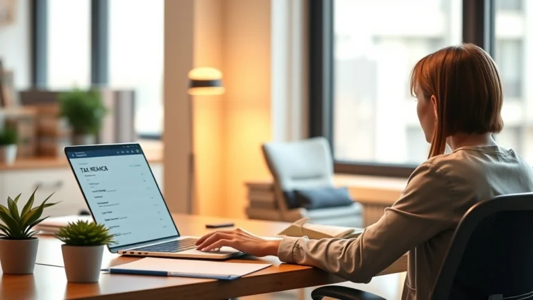 vermont state tax refund tracker - Photorealistic image of a person sitting at a desk with a laptop, looking at a t
