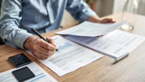 virginia state tax refund - A person at a desk reviewing financial documents and tax forms