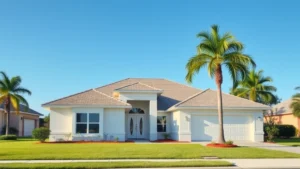 volusia county property taxes - Photorealistic image of a modern single-family home in Florida with palm trees a
