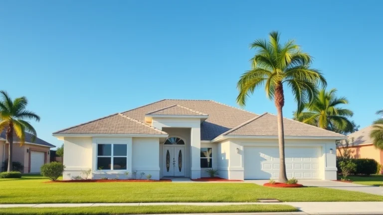volusia county property taxes - Photorealistic image of a modern single-family home in Florida with palm trees a