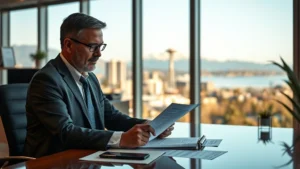 washington state inheritance tax - A professional financial advisor reviewing estate planning documents at a modern