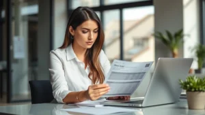 what is meant by tax deducted at source - Professional woman reviewing paycheck stub at desk with laptop, natural lighting