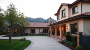 when are property taxes due in california - Wide-angle shot of a California home exterior with mountains in the background