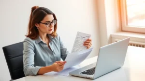 where can i find my agi on my tax return - A professional woman in business casual attire sitting at a clean desk, reviewin