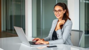 wisconsin state tax refund wait time - A professional woman in business casual attire sitting at a modern desk with a l