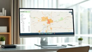 york county tax map - Photorealistic wide shot of a computer monitor displaying a digital property tax