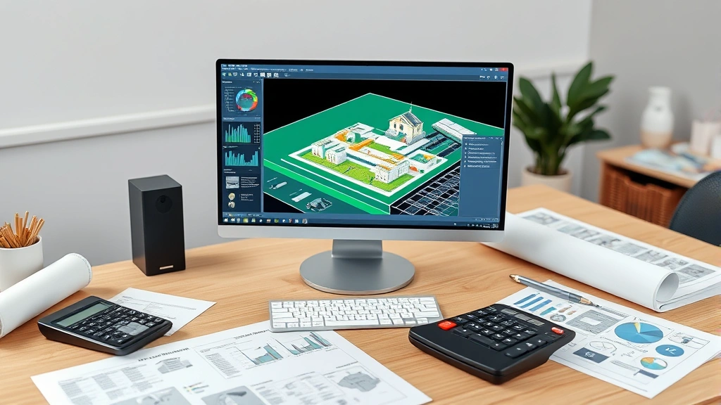 45l tax credit - 
Organized desk with energy modeling software on computer screen, building plans