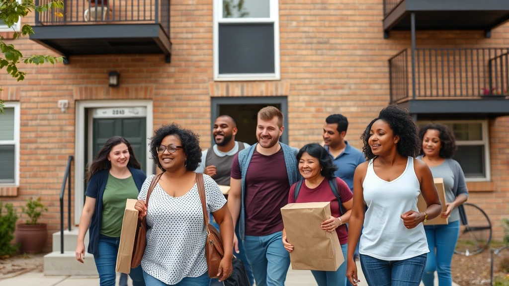 485-x affordable housing tax incentive - 
Diverse group of people moving into apartment building, representing affordable